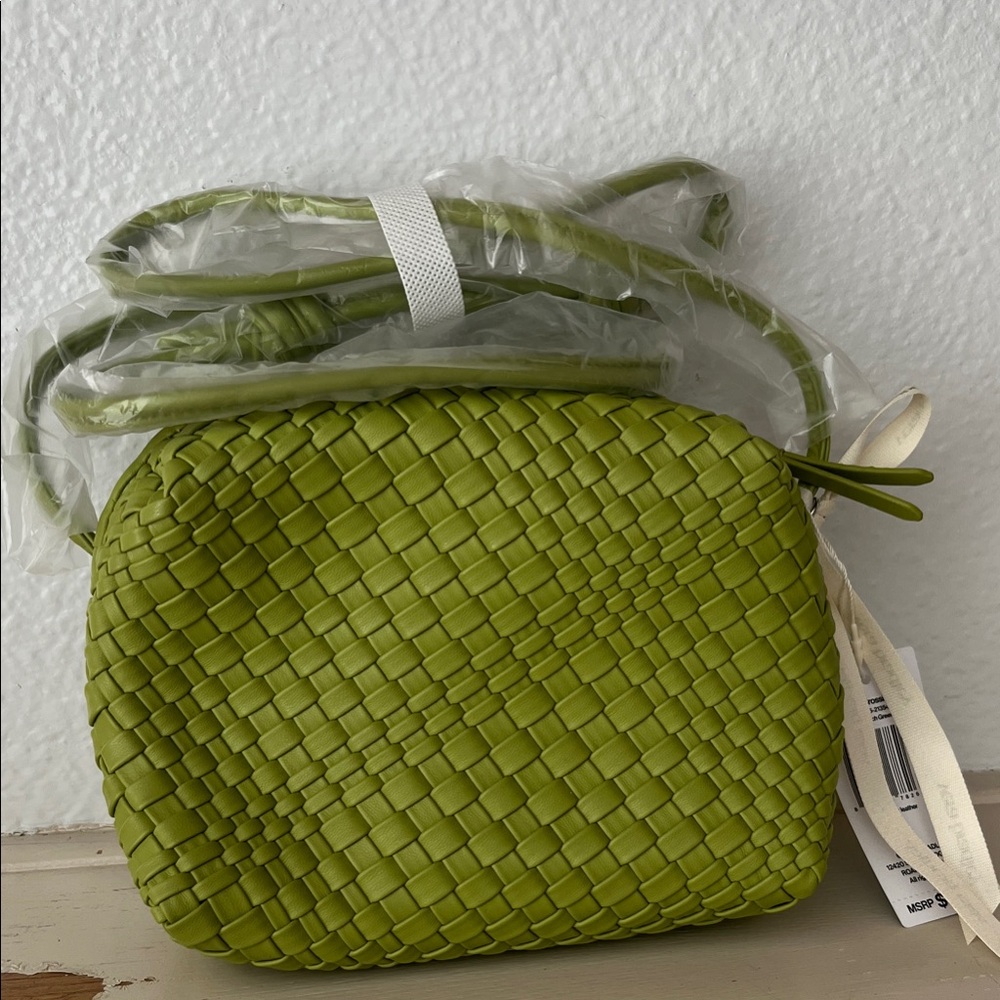 Green Woven Faux Leather Crossbody Bag
